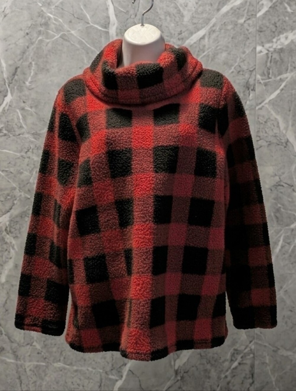 Style & Co. Red and Black Plaid Cowl Neck Sweater